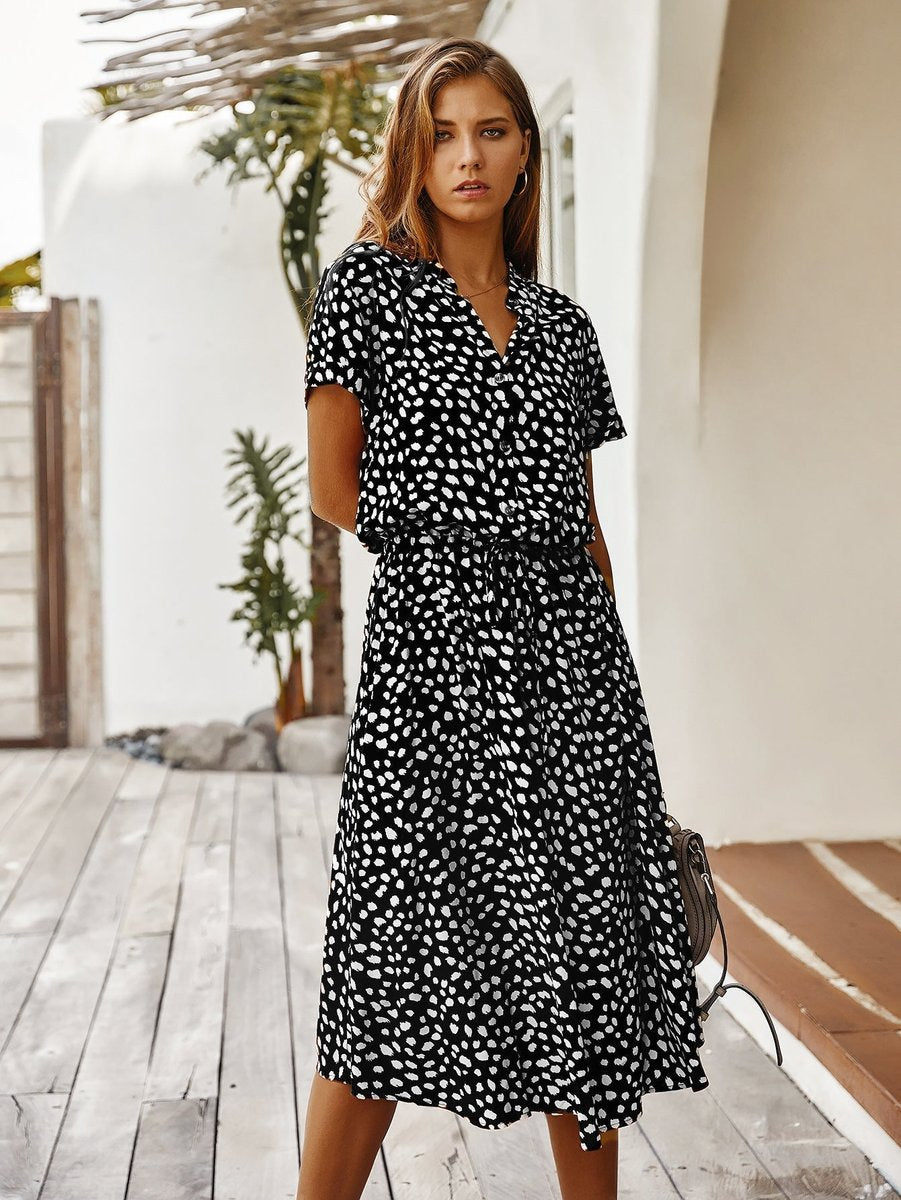 Women's Polka Dot V-Neck Short Sleeve Fall Midi Dress