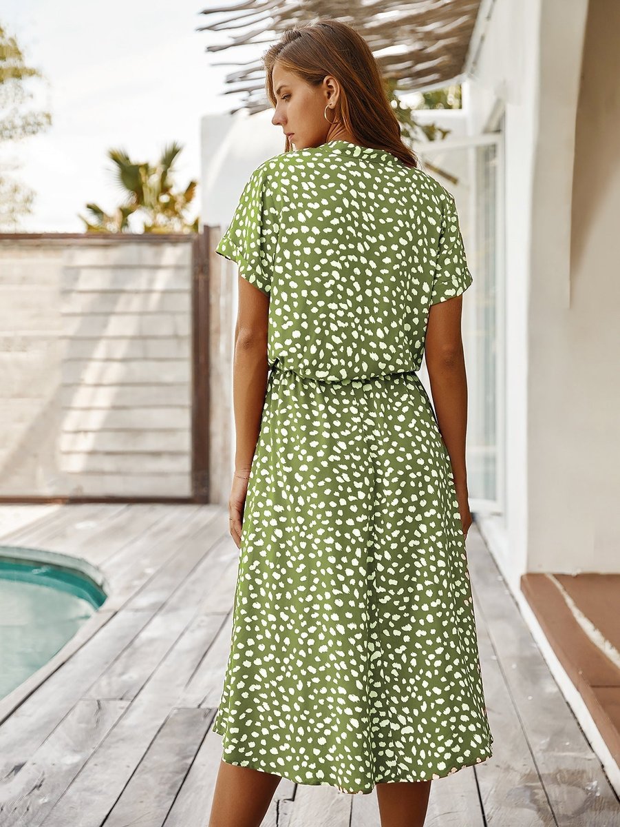 Women's Polka Dot V-Neck Short Sleeve Fall Midi Dress