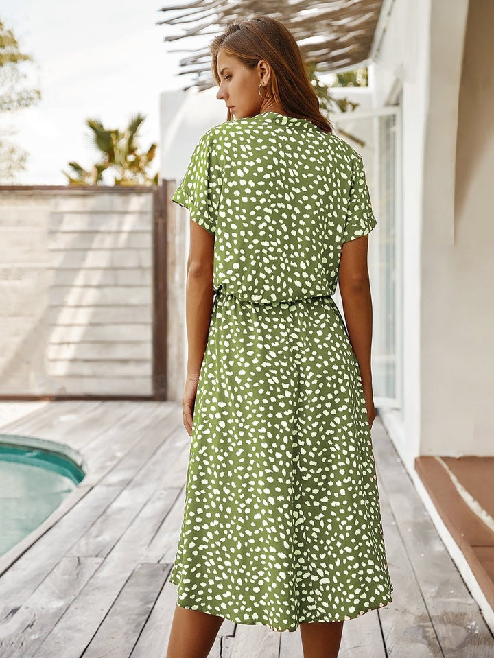Women's Polka Dot V-Neck Short Sleeve Fall Midi Dress