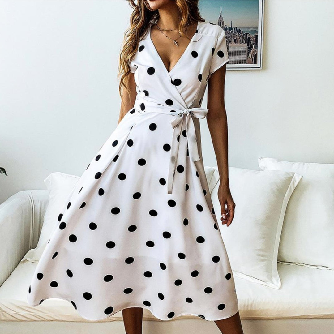 Women's Polka Dot Wrap Fall Midi Dress V-Neck Belted A-Line