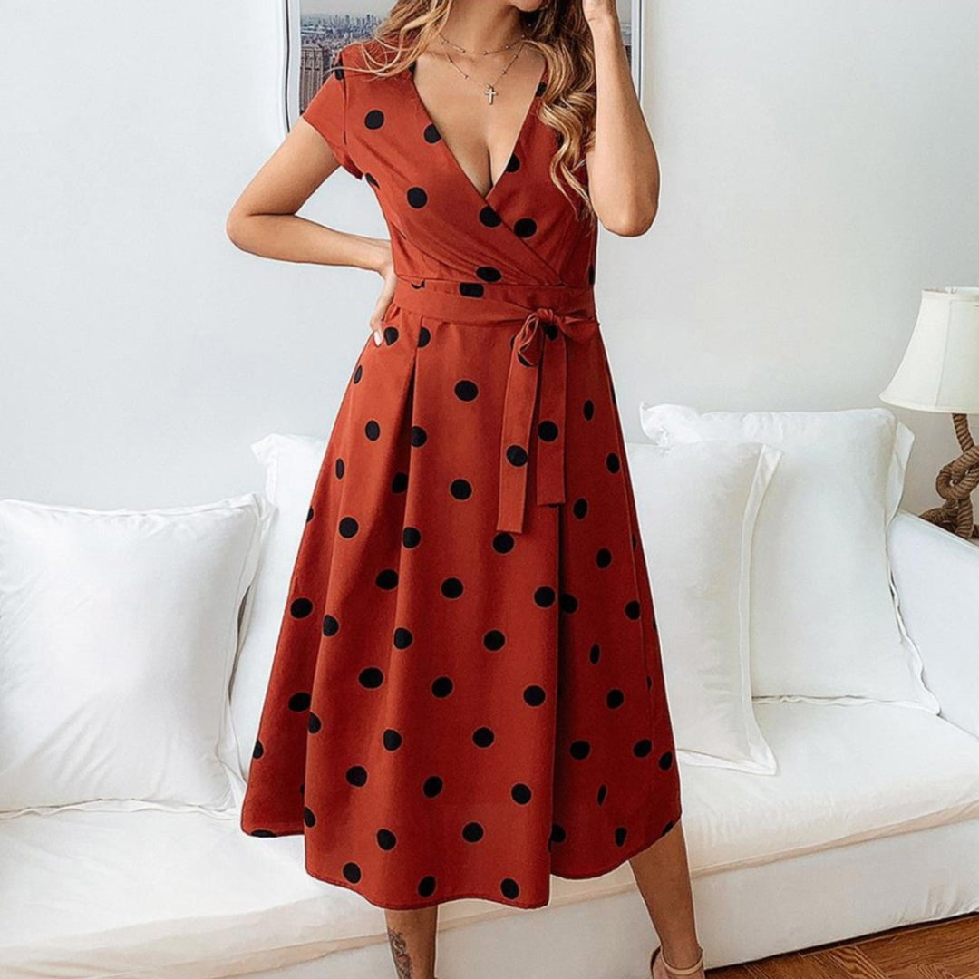 Women's Polka Dot Wrap Fall Midi Dress V-Neck Belted A-Line