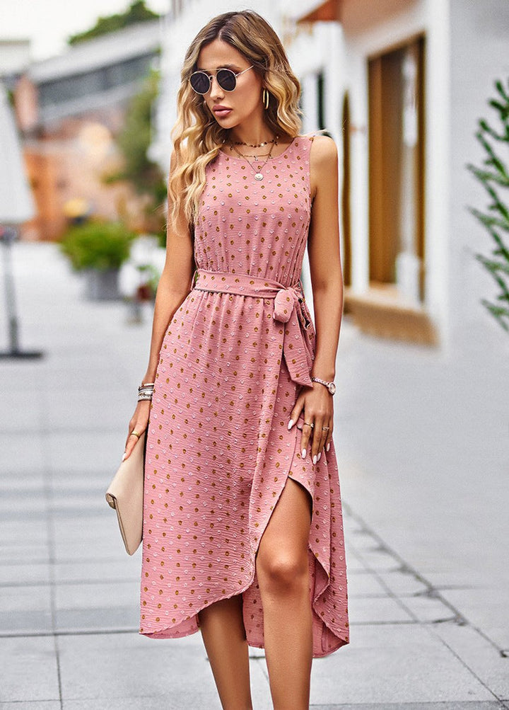 Women's Polka Dot Wrap-Style Sleeveless Fall Midi Dress