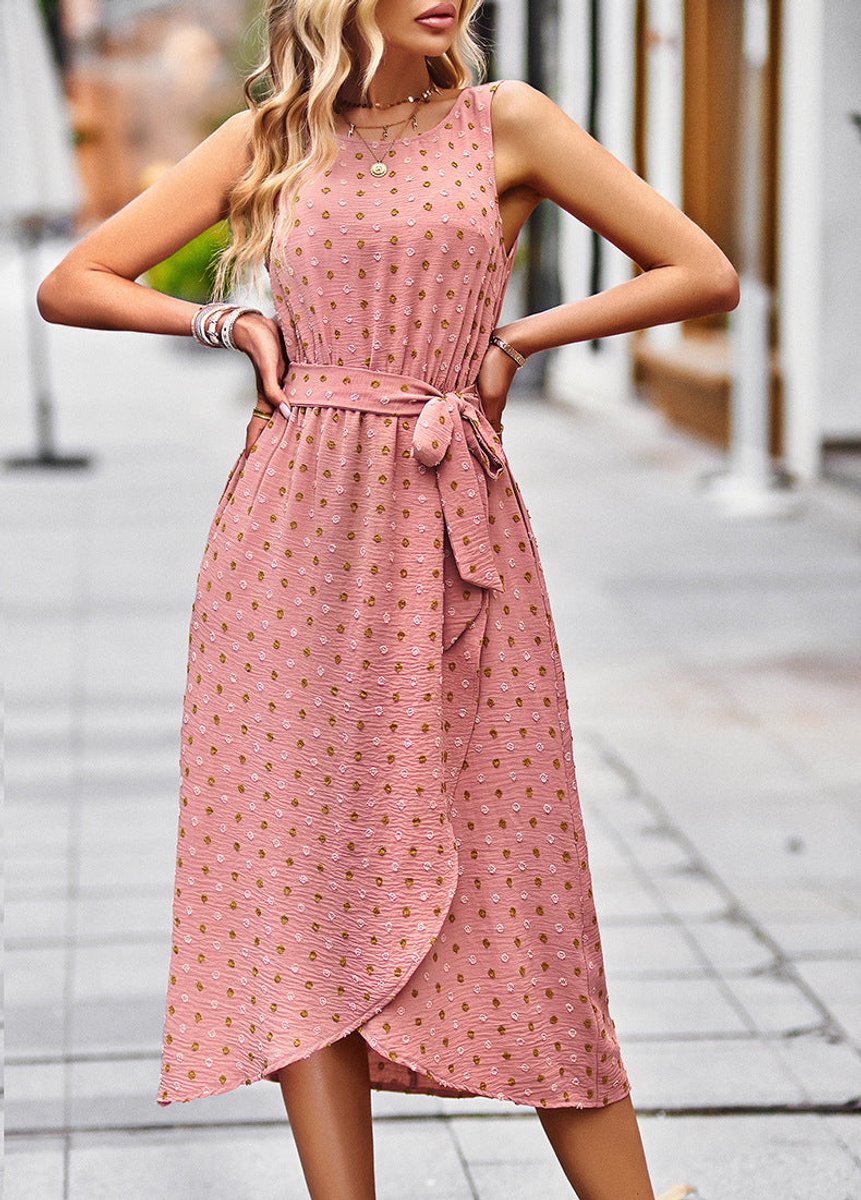 Women's Polka Dot Wrap-Style Sleeveless Fall Midi Dress