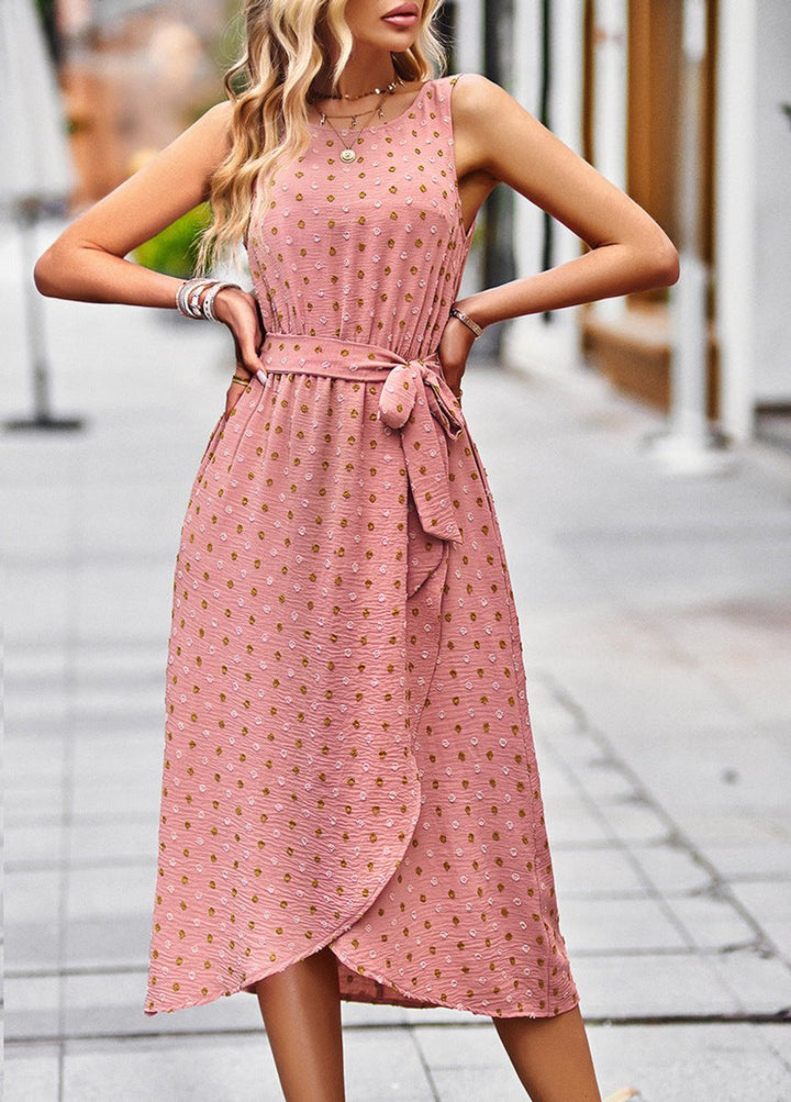Women's Polka Dot Wrap-Style Sleeveless Fall Midi Dress