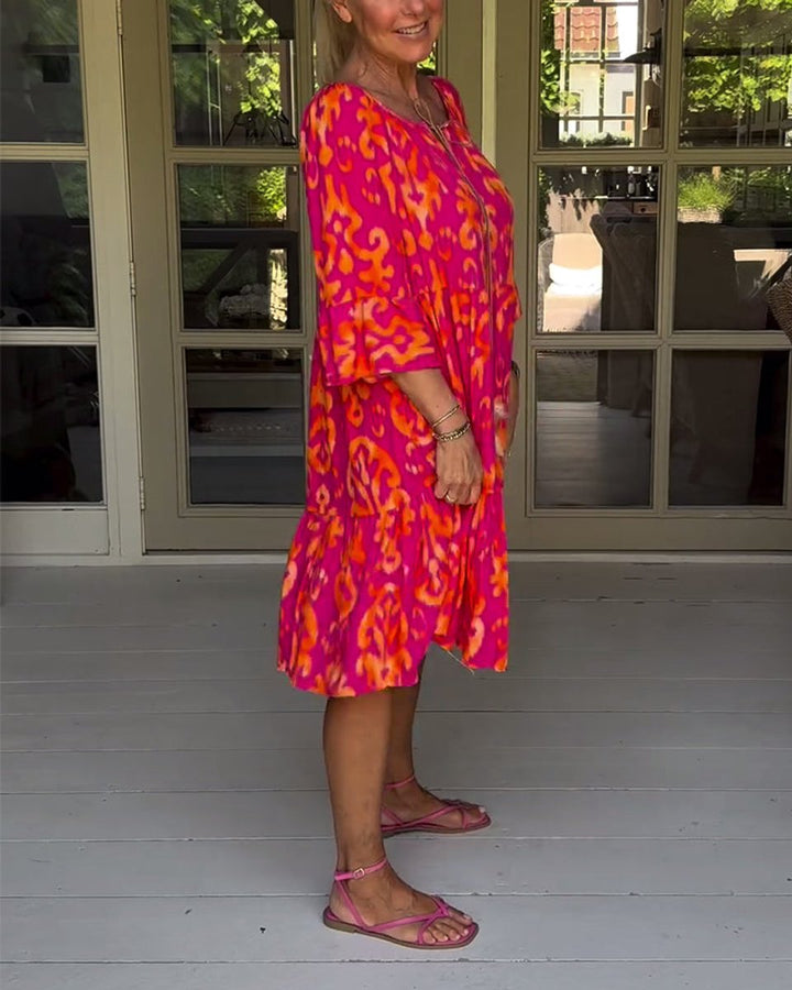 Women's Printed 3/4 Sleeve Drawstring V-Neck Fall Midi Dress
