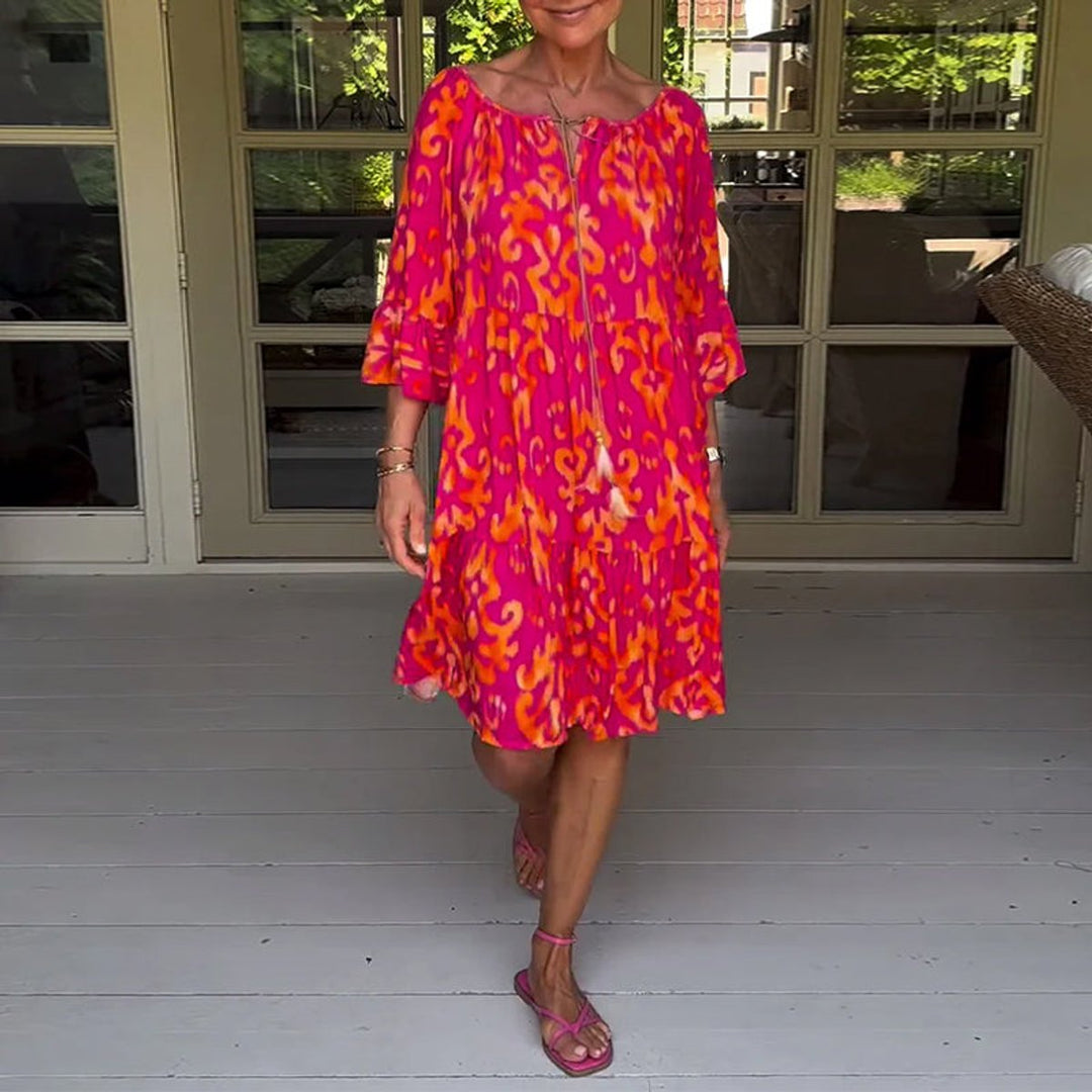 Women's Printed 3/4 Sleeve Drawstring V-Neck Fall Midi Dress
