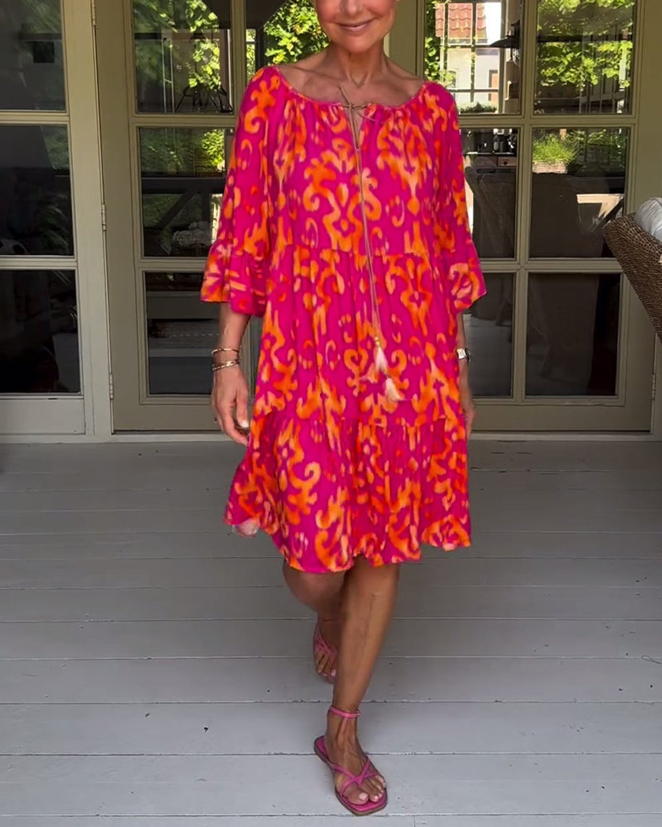 Women's Printed 3/4 Sleeve Drawstring V-Neck Fall Midi Dress