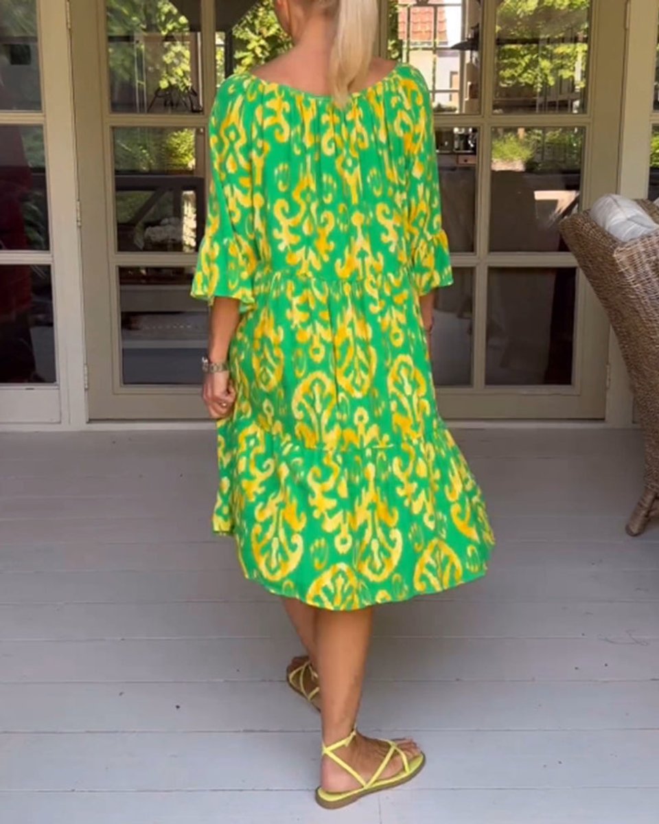 Women's Printed 3/4 Sleeve Drawstring V-Neck Fall Midi Dress