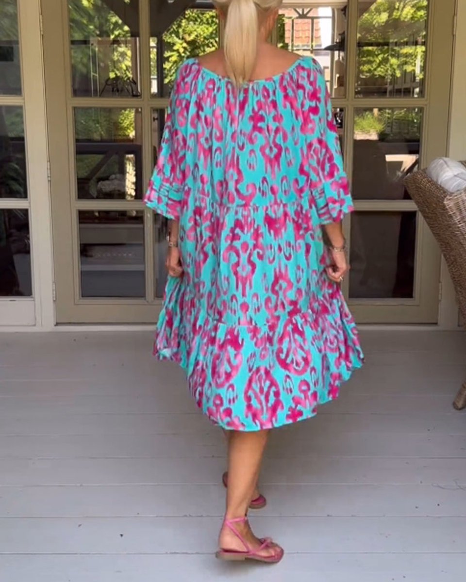 Women's Printed 3/4 Sleeve Drawstring V-Neck Fall Midi Dress