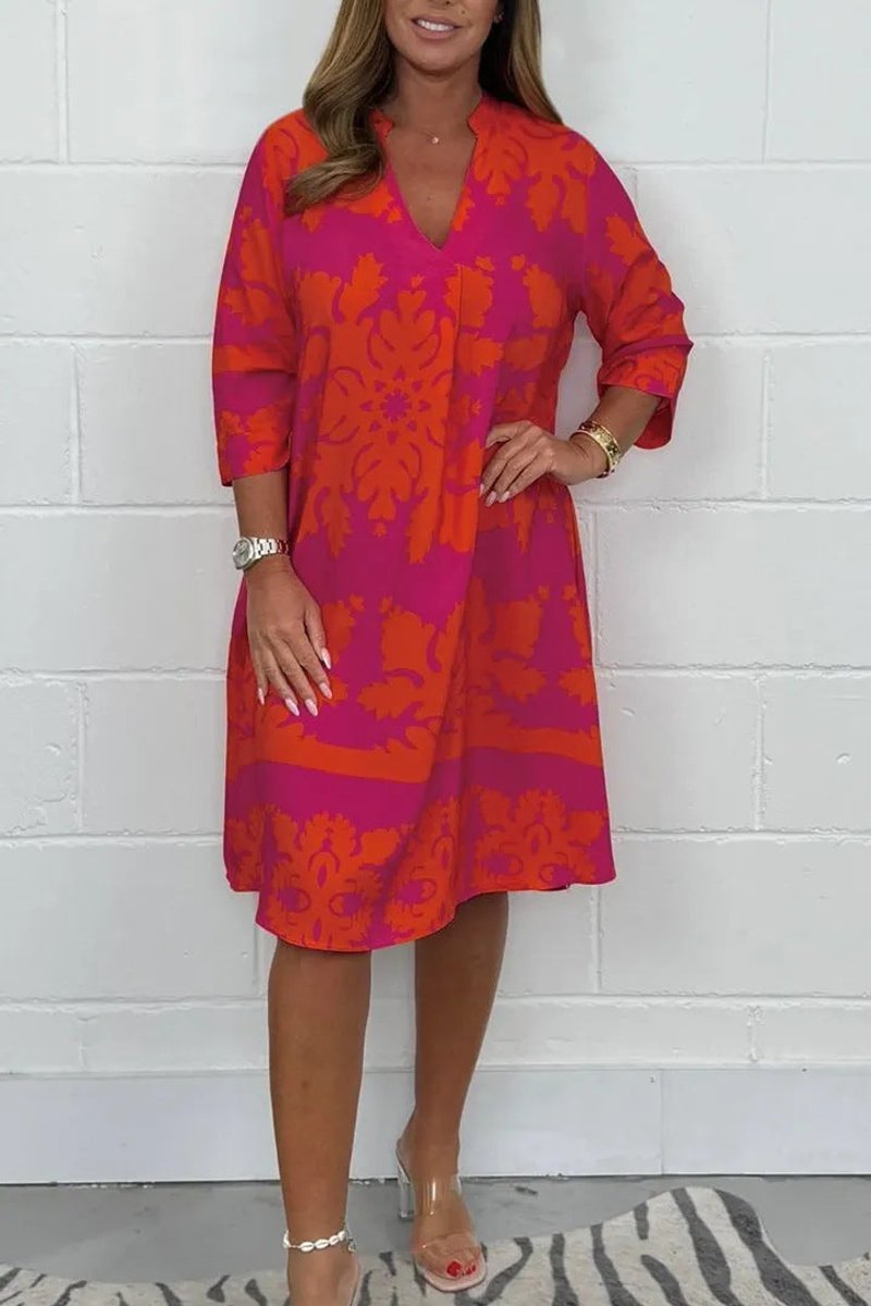 Women's Printed 3/4 Sleeve Drawstring V-Neck Fall Midi Dress