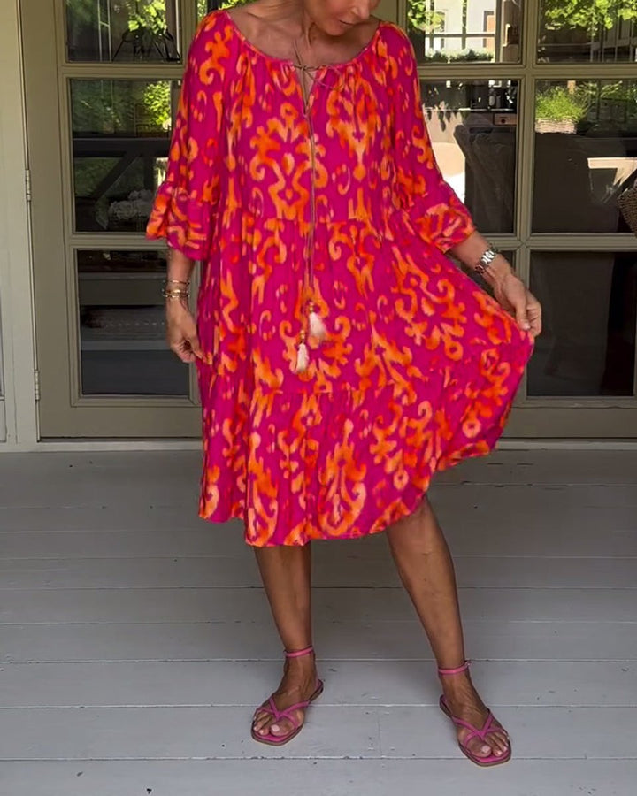 Women's Printed 3/4 Sleeve Drawstring V-Neck Fall Midi Dress