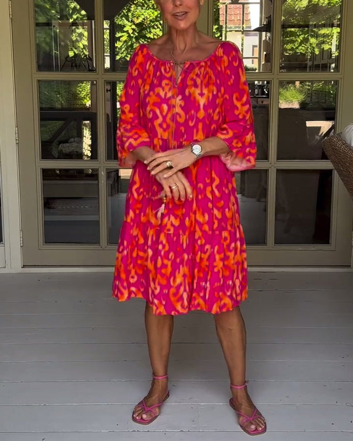 Women's Printed 3/4 Sleeve Drawstring V-Neck Fall Midi Dress