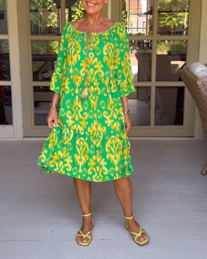 Women's Printed 3/4 Sleeve Drawstring V-Neck Fall Midi Dress