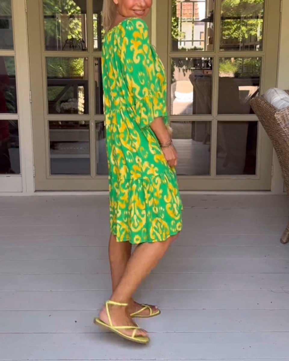Women's Printed 3/4 Sleeve Drawstring V-Neck Fall Midi Dress