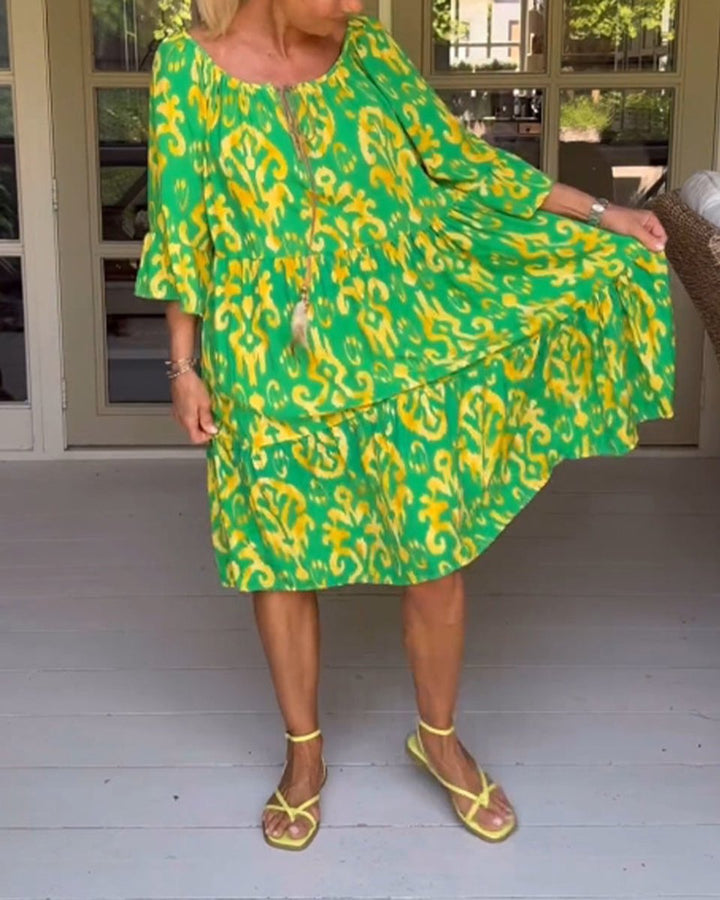 Women's Printed 3/4 Sleeve Drawstring V-Neck Fall Midi Dress