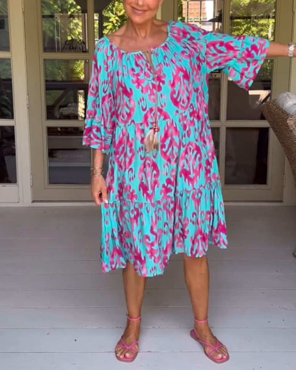 Women's Printed 3/4 Sleeve Drawstring V-Neck Fall Midi Dress