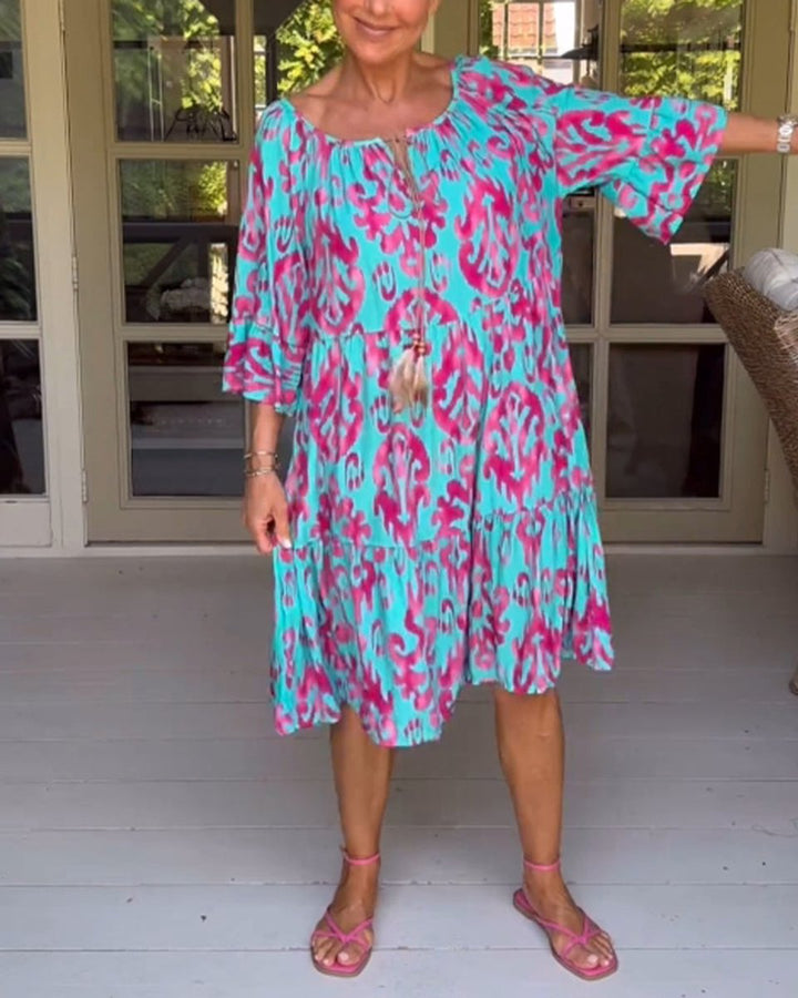 Women's Printed 3/4 Sleeve Drawstring V-Neck Fall Midi Dress