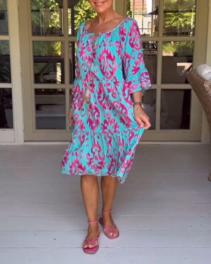 Women's Printed 3/4 Sleeve Drawstring V-Neck Fall Midi Dress