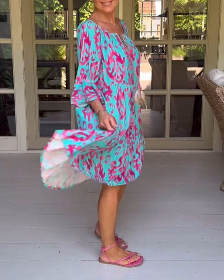 Women's Printed 3/4 Sleeve Drawstring V-Neck Fall Midi Dress