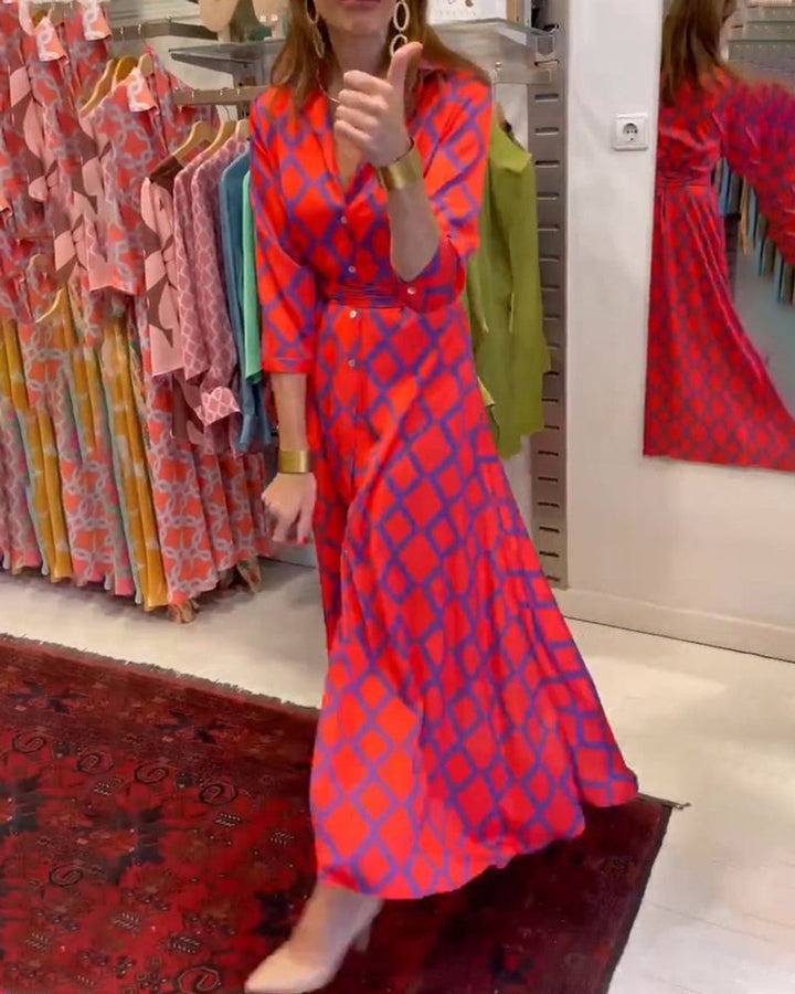 Women's Printed Button-Down Three-Quarter Sleeve Fall Midi Dress