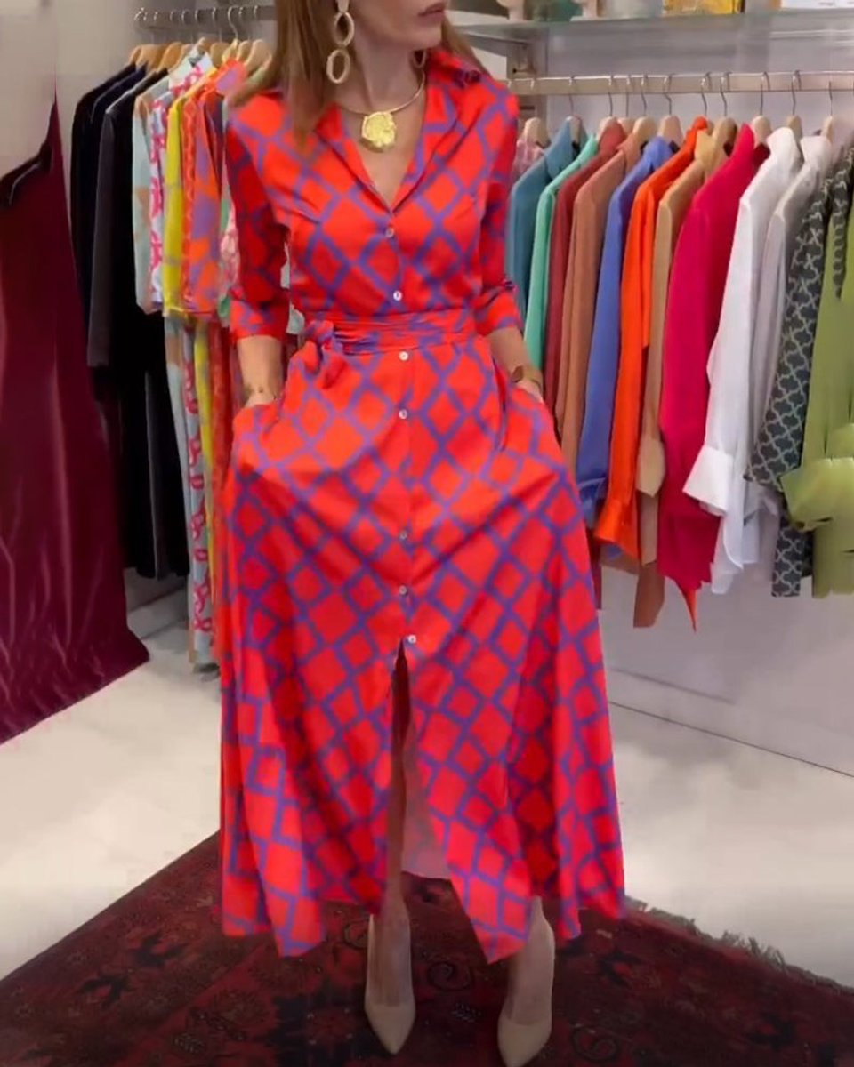 Women's Printed Button-Down Three-Quarter Sleeve Fall Midi Dress