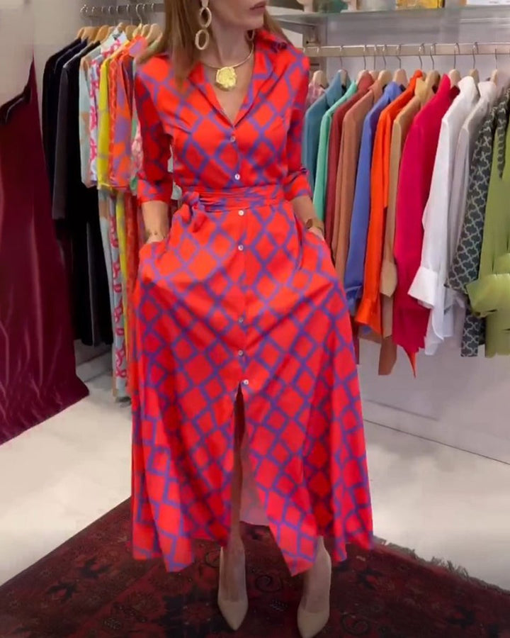 Women's Printed Button-Down Three-Quarter Sleeve Fall Midi Dress