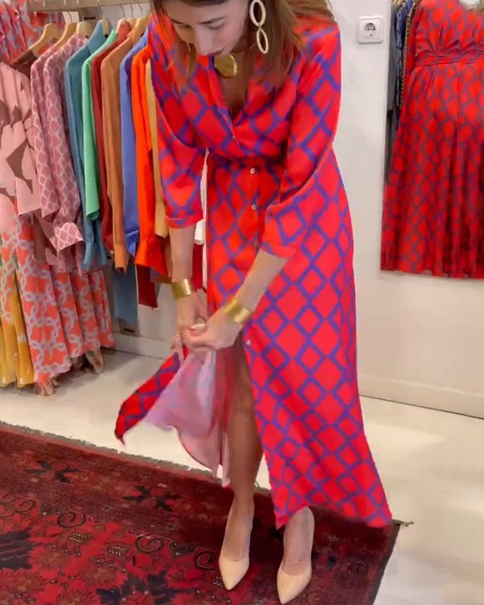 Women's Printed Button-Down Three-Quarter Sleeve Fall Midi Dress