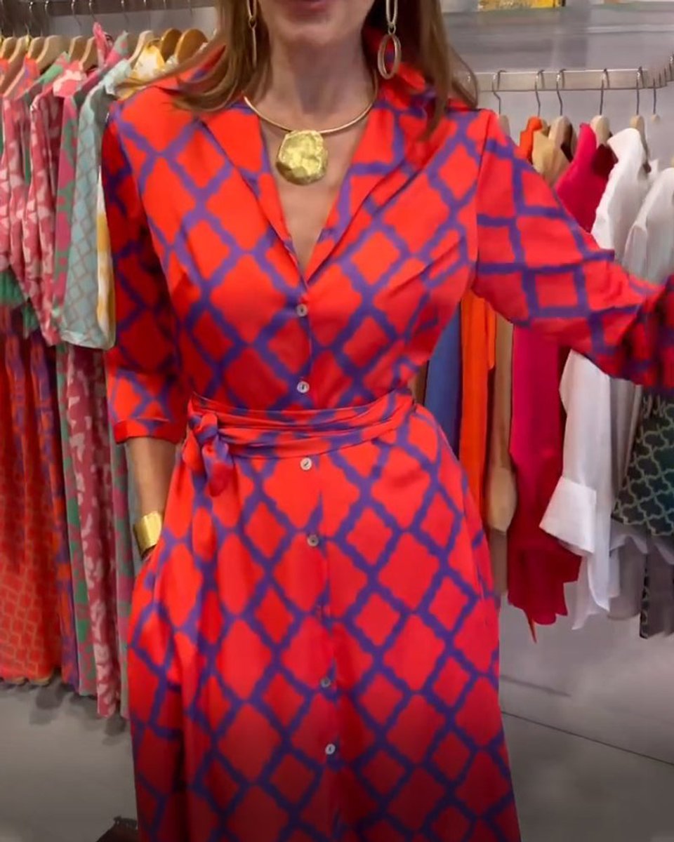 Women's Printed Button-Down Three-Quarter Sleeve Fall Midi Dress