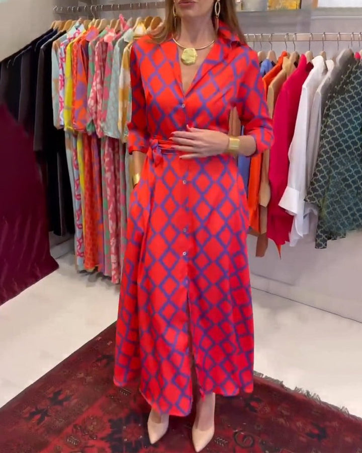 Women's Printed Button-Down Three-Quarter Sleeve Fall Midi Dress