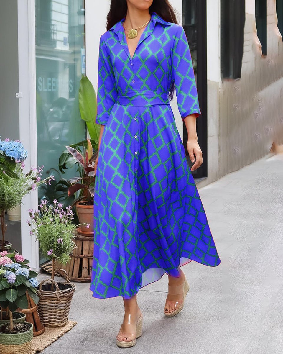 Women's Printed Button-Down Three-Quarter Sleeve Fall Midi Dress