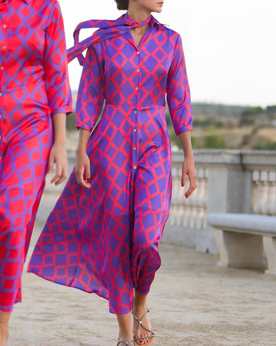 Women's Printed Button-Down Three-Quarter Sleeve Fall Midi Dress