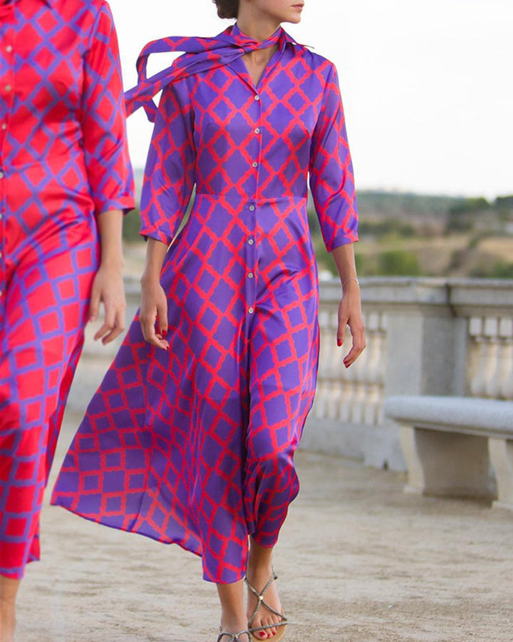 Women's Printed Button-Down Three-Quarter Sleeve Fall Midi Dress