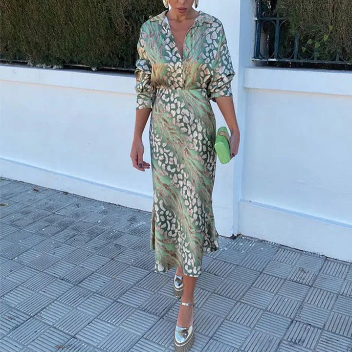 Women's Printed Satin Long Sleeve Fall Midi Dress