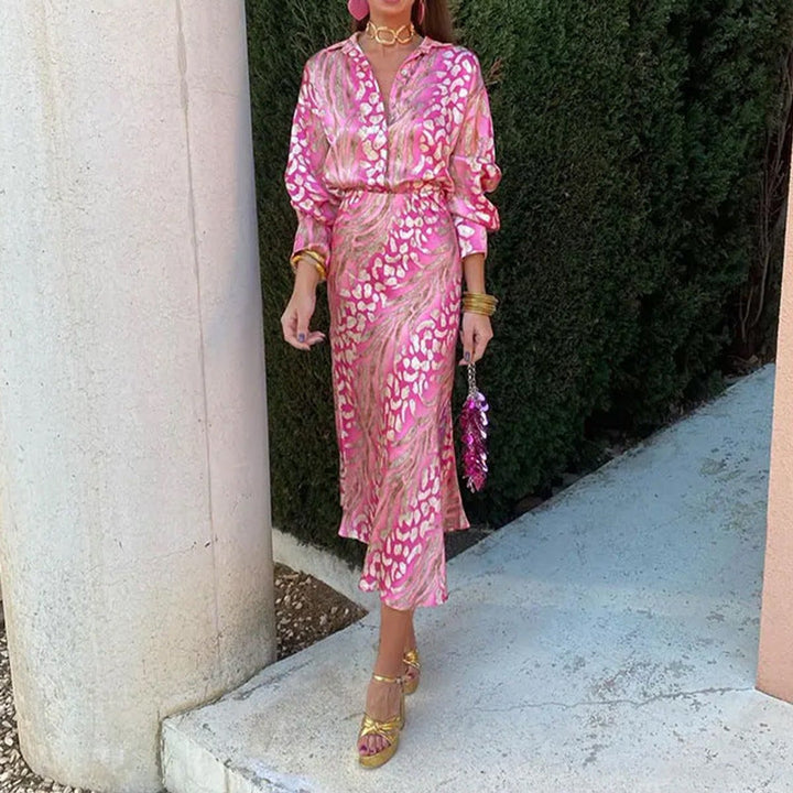 Women's Printed Satin Long Sleeve Fall Midi Dress
