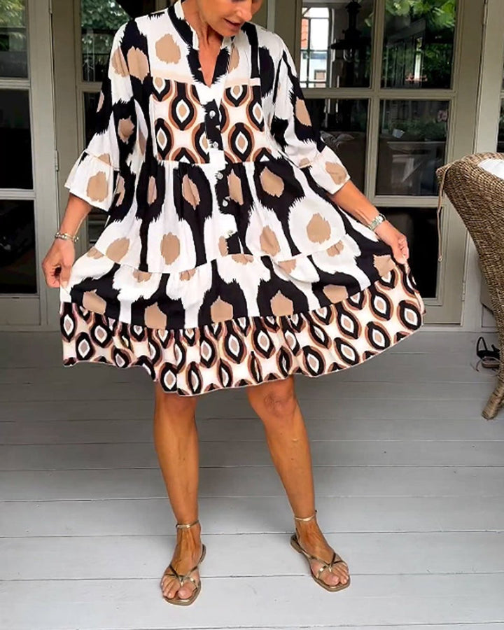 Women's Printed Tiered A-Line Fall Midi Dress Pockets