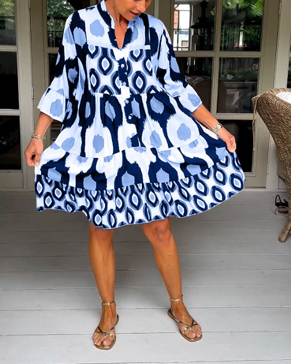 Women's Printed Tiered A-Line Fall Midi Dress Pockets