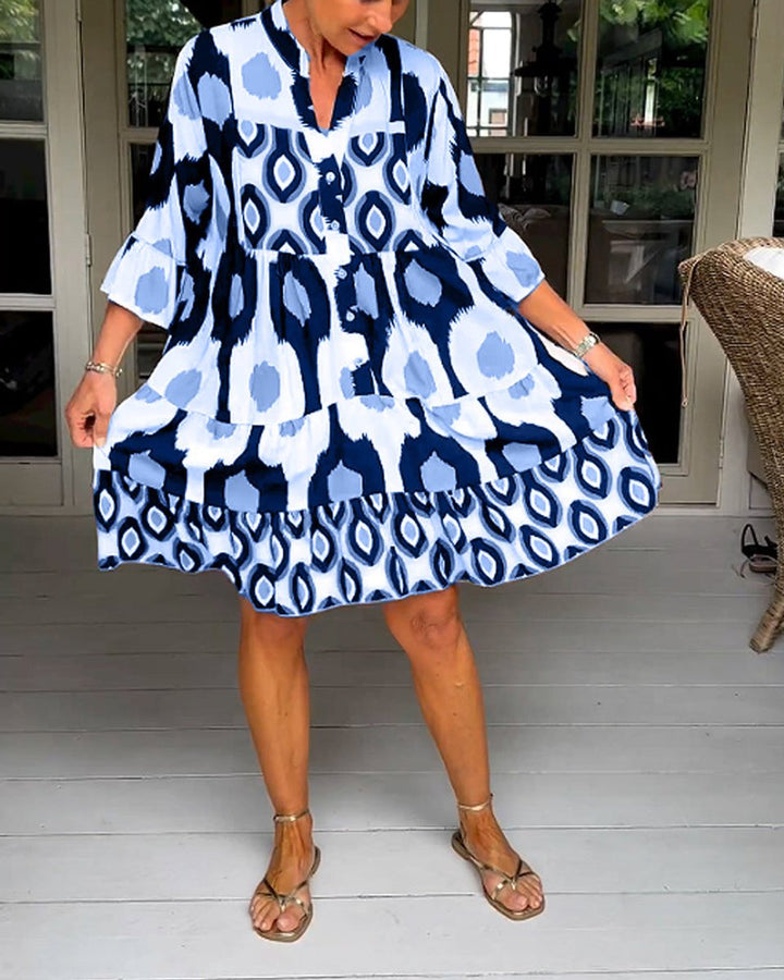 Women's Printed Tiered A-Line Fall Midi Dress Pockets