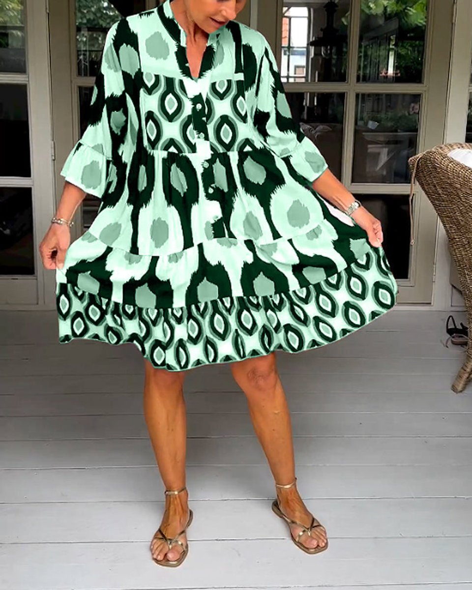 Women's Printed Tiered A-Line Fall Midi Dress Pockets