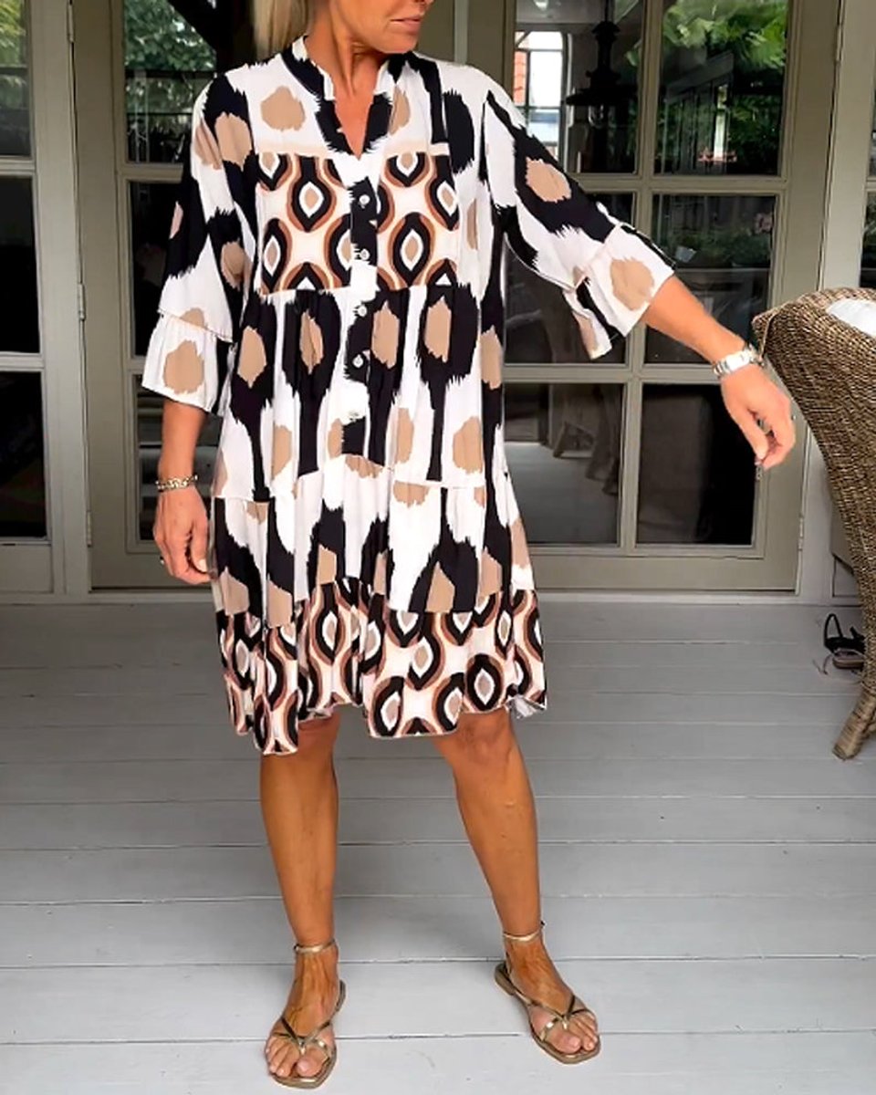 Women's Printed Tiered A-Line Fall Midi Dress Pockets