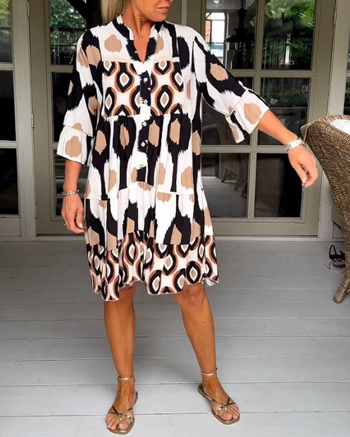 Women's Printed Tiered A-Line Fall Midi Dress Pockets