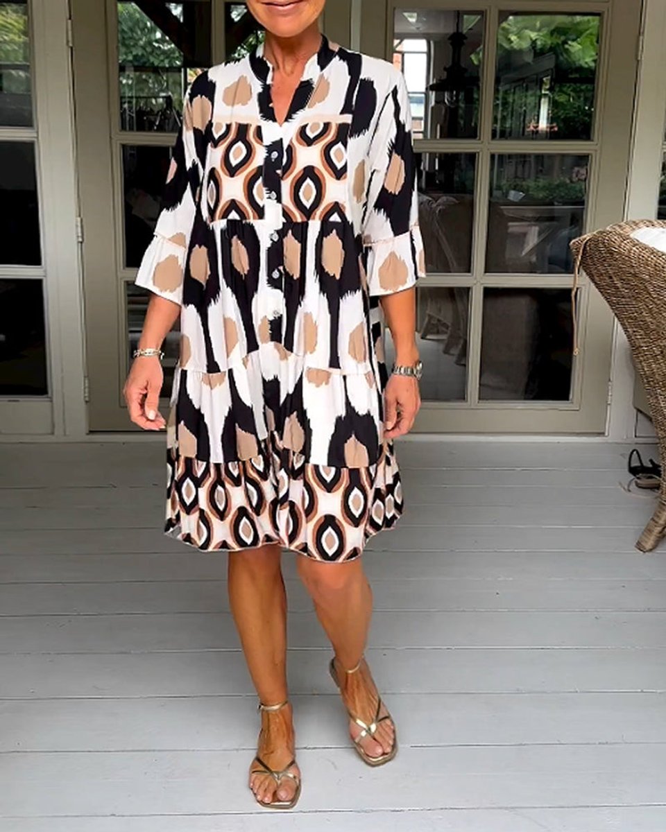 Women's Printed Tiered A-Line Fall Midi Dress Pockets