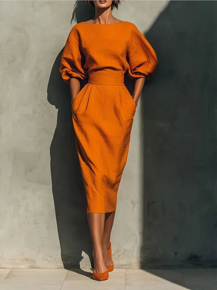 Women's Puff Sleeve Belted Midi Formal Dress