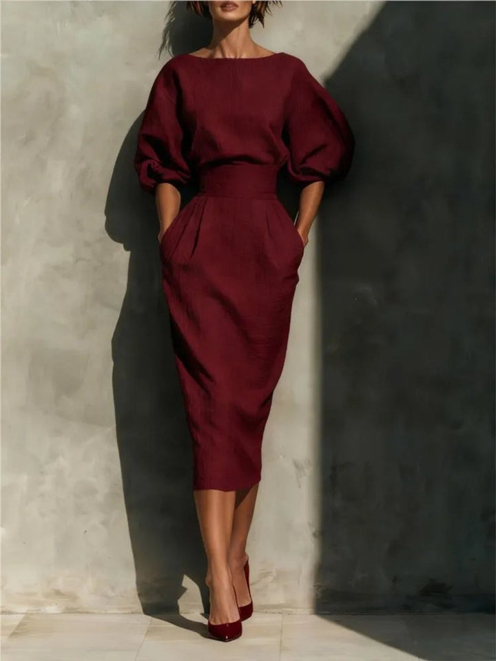 Women's Puff Sleeve Belted Midi Formal Dress