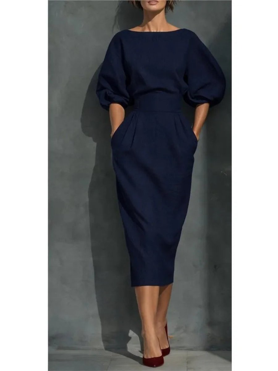 Women's Puff Sleeve Belted Midi Formal Dress