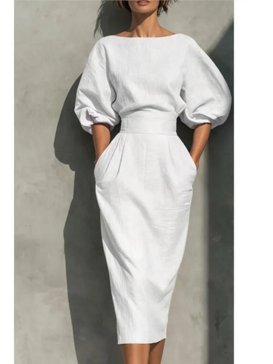 Women's Puff Sleeve Belted Midi Formal Dress