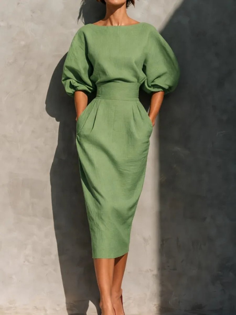 Women's Puff Sleeve Belted Midi Formal Dress