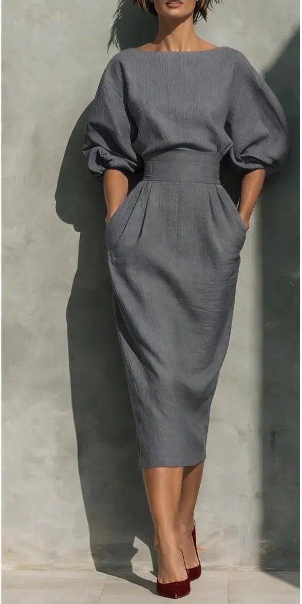 Women's Puff Sleeve Belted Midi Formal Dress
