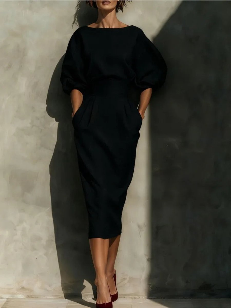 Women's Puff Sleeve Belted Midi Formal Dress