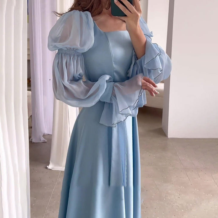 Women's Puff Sleeve Square Neck Fall Midi Dress Ruffle Organza