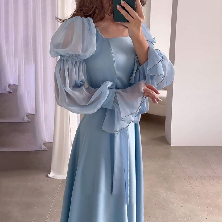 Women's Puff Sleeve Square Neck Fall Midi Dress Ruffle Organza